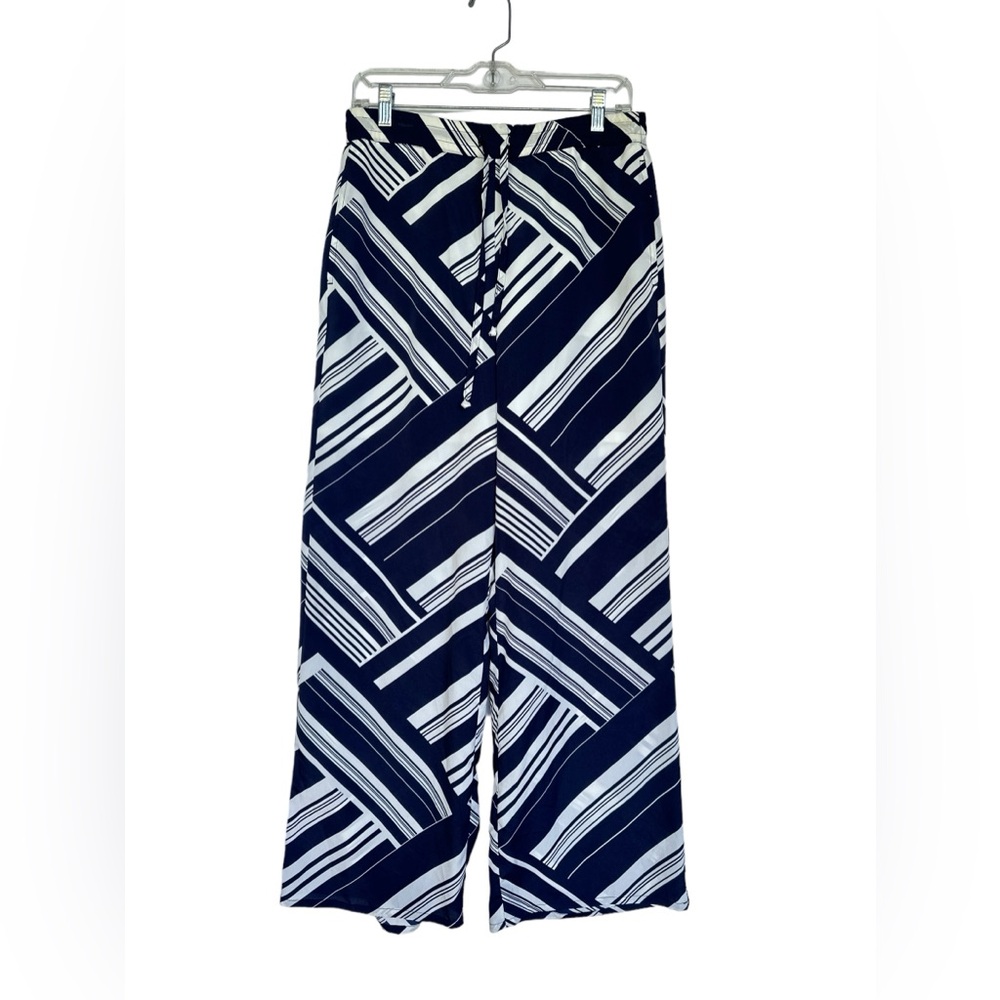 NWOT Liz Claiborne Ladies Geo Print Wide Leg Pants Palazzo navy blue white small